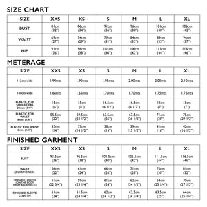 Size Chart of Tessuti Patterns Hilary Top Paper pattern for sale at Minerva's Bower