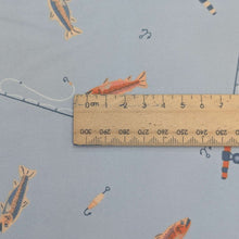 Load image into Gallery viewer, Close up flat lay of Brushed 100% Cotton Flannelette, Happy Camper, for sale at Minerva's Bower, ruler included for scale