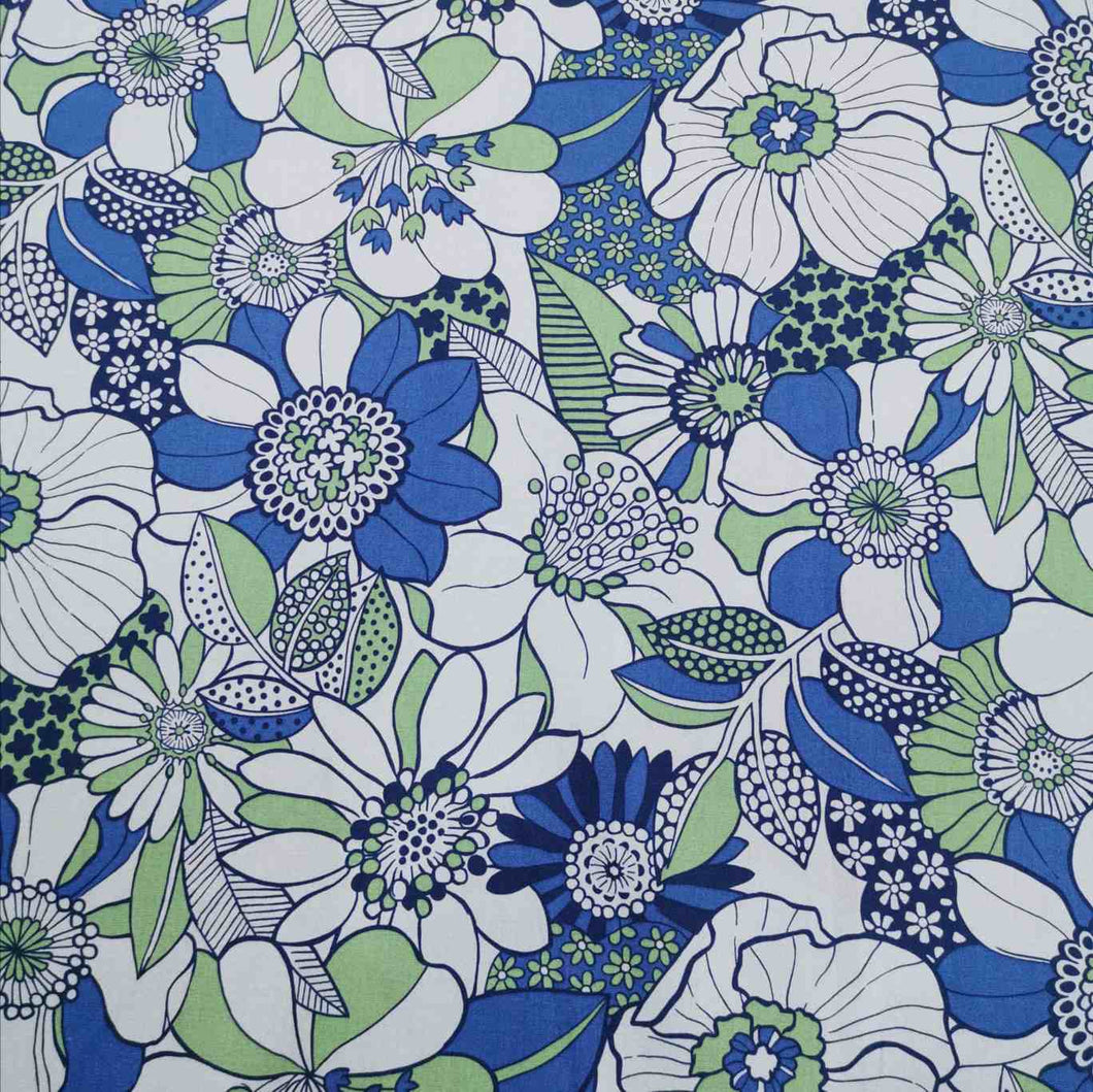 100% Cotton Poplin, 70s Floral, Blue - 1/4 metre
