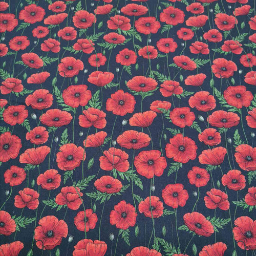 Linen Cotton, Poppies, Black - 1/4metre