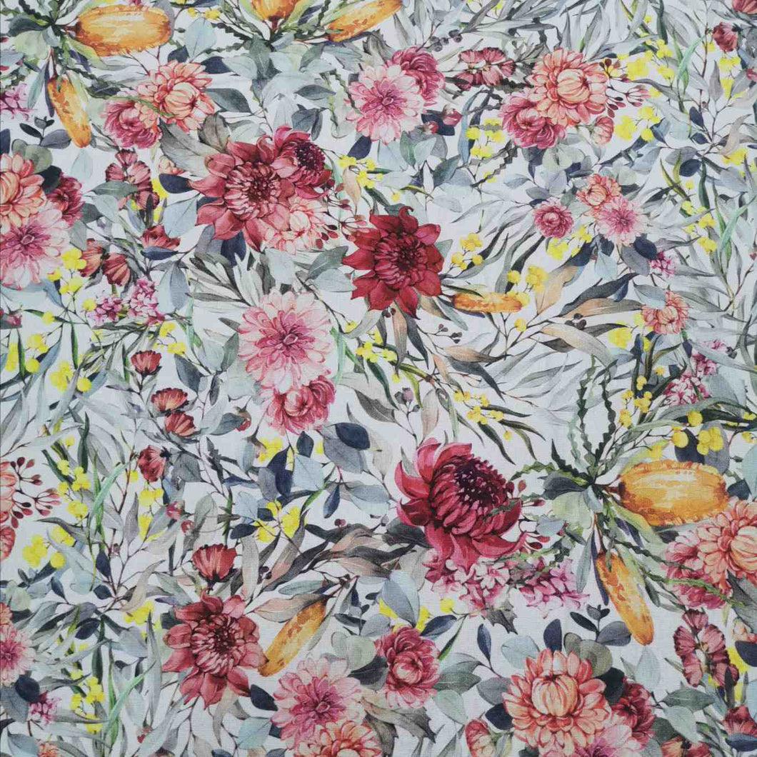 Linen Cotton, Native Flora on White - $34 per metre ($8.50 - 1/4 metre)