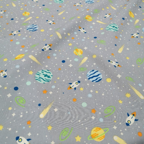 100% Cotton Poplin, Space Rockets, Grey- 1/4 metre