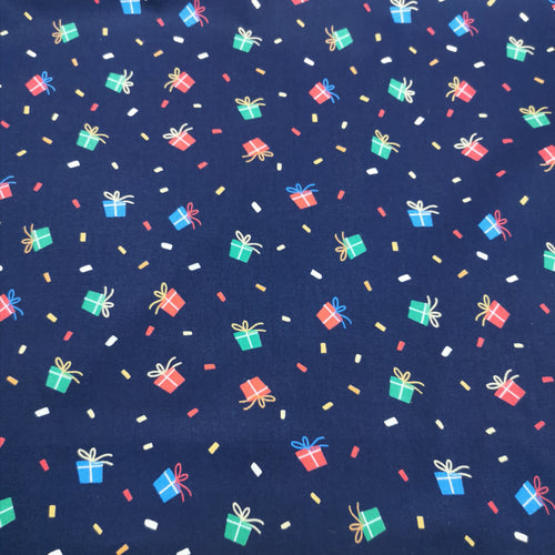 100% Cotton Poplin, Presents, Navy- 1/4 metre