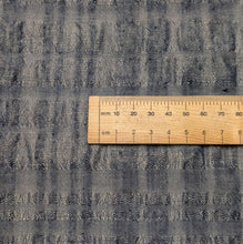 Load image into Gallery viewer, Close up of Yarn dyed 77% linen 23% cotton blend seersucker in Indigo, ruler included for scale - for sale at Minerva's Bower