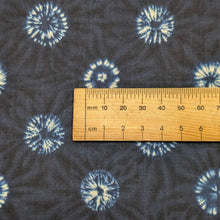Load image into Gallery viewer, Close up flat lay of Japanese 100% Cotton, Indigo Tie Dye, ruler included for scale - for sale at Minerva's Bower