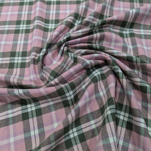 Irwin 100% Brushed Cotton Plaid in Pink and Olive, flat drape image, for sale at Minerva's Bower 