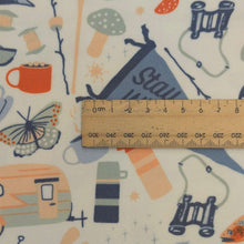 Load image into Gallery viewer, Close up flat lay of Brushed 100% Cotton Flannelette, Jamboree Inn, for sale at Minerva's Bower, ruler included for scale