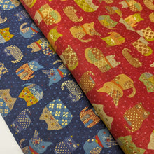 Load image into Gallery viewer, Pattern of colourful cats on a red cotton dobby background. Made in Japan. Available at Minerva's Bower. Collection of similar fabrics and different colourways