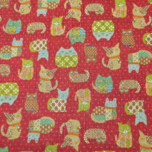 Load image into Gallery viewer, Pattern of colourful cats on a red cotton dobby background. Made in Japan. Available at Minerva's Bower