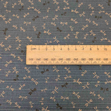 Load image into Gallery viewer, Flat lay of dragonfly print Japanese Double Sided Shantung, Tombo. Available at Minerva&#39;s Bower. Ruler included for scale