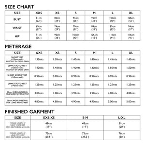 Size Chart for Tessuti Patterns Kyoto Vest Paper pattern for sale at Minerva's Bower