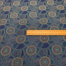Load image into Gallery viewer, Flat lay of 100% Rayon Kangaroo Path 2 in Blue, by Indigenous Artist Roseanne Morton, ruler included for scale - for sale at Minerva's Bower