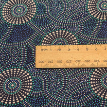 Load image into Gallery viewer, Close up flat lay of 100% Rayon Kangaroo Path 2 in Blue, by Indigenous Artist Roseanne Morton, ruler included for scale - for sale at Minerva's Bower