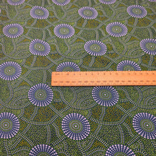 Load image into Gallery viewer, Flat lay of 100% Rayon Kangaroo Path 2 in Green, by Indigenous Artist Roseanne Morton, ruler included for scale - for sale at Minerva's Bower
