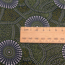 Load image into Gallery viewer, Close up flat lay of 100% Rayon Kangaroo Path 2 in Green, by Indigenous Artist Roseanne Morton, ruler included for scale - for sale at Minerva's Bower