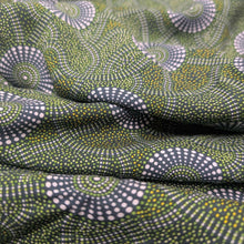 Load image into Gallery viewer, Flat drape of 100% Rayon Kangaroo Path 2 in Green, by Indigenous Artist Roseanne Morton - for sale at Minerva's Bower