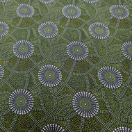 Flat lay of 100% Rayon Kangaroo Path 2 in Green, by Indigenous Artist Roseanne Morton - for sale at Minerva's Bower