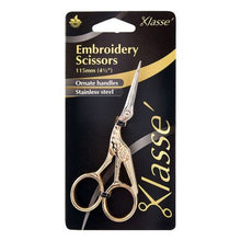 Load image into Gallery viewer, Klasse Embroidery Stork Scissors - 4.5" with ornate handles, for sale at Minerva's Bower