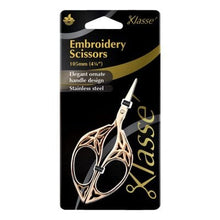 Load image into Gallery viewer, Klasse embroidery scroll scissors with product details for sale at Minerva's Bower