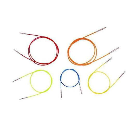 Set of colorful circular knitting needles on a white background