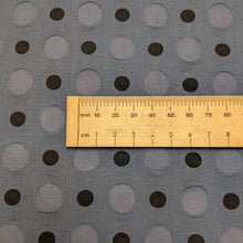 Load image into Gallery viewer, Close up flat lay of Kokka 100% cotton Lawn Salt Shrink Seersucker Spot, Steel, ruler included for scale, for sale at Minerva's Bower