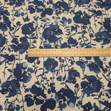 Load image into Gallery viewer, Flat lay of Kokka Suisai Hana, Blue, 15% linen 85% cotton Japanese cloth in natural linen colour with blue watercolour flowers , ruler included for scale- for sale at MInerva's Bower