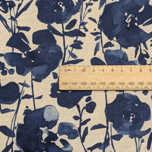 Load image into Gallery viewer, Close up flat lay of Kokka Suisai Hana, Blue, 15% linen 85% cotton Japanese cloth in natural linen colour with blue watercolour flowers , ruler included for scale- for sale at MInerva's Bower