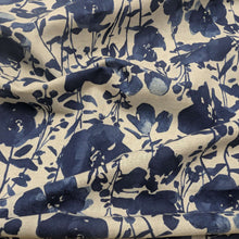 Load image into Gallery viewer, Flat drape of Kokka Suisai Hana, Blue, 15% linen 85% cotton Japanese cloth in natural linen colour with blue watercolour flowers - for sale at MInerva's Bower