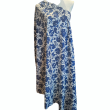 Load image into Gallery viewer, Standing drape of Kokka Suisai Hana, Blue, 15% linen 85% cotton Japanese cloth in natural linen colour with blue watercolour flowers - for sale at MInerva's Bower