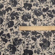 Load image into Gallery viewer, Flat lay of Kokka Suisai Hana, Charcoal 15% linen 85% cotton Japanese cloth in natural linen colour with charcoal watercolour flowers , ruler included for scale - for sale at MInerva's Bower