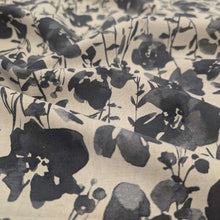 Load image into Gallery viewer, Flat drape of Kokka Suisai Hana, Charcoal 15% linen 85% cotton Japanese cloth in natural linen colour with charcoal watercolour flowers - for sale at MInerva's Bower