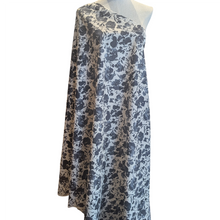 Load image into Gallery viewer, Standing drape of Kokka Suisai Hana, Charcoal 15% linen 85% cotton Japanese cloth in natural linen colour with charcoal watercolour flowers - for sale at MInerva's Bower