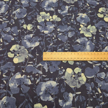 Load image into Gallery viewer, Flat lay of Kokka Suisai Hana, Navy, 15% linen 85% cotton Japanese cloth in Indigo with blue watercolour flowers, ruler included for scale - for sale at MInerva's Bower