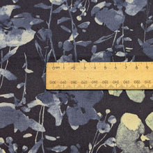 Load image into Gallery viewer, Close up flat lay of Kokka Suisai Hana, Navy, 15% linen 85% cotton Japanese cloth in Indigo with blue watercolour flowers, ruler included for scale - for sale at MInerva's Bower