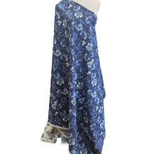Load image into Gallery viewer, Standing drape of Kokka Suisai Hana, Navy, 15% linen 85% cotton Japanese cloth in Indigo with blue watercolour flowers - for sale at MInerva's Bower