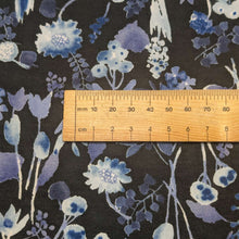 Load image into Gallery viewer, Close up flat lay of Kokka Trefle, Indigo Floral 100% cotton, ruler included for scale - for sale at Minerva's Bower