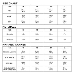 Size Chart for Tessuti Patterns Lyon Coat  paper Pattern for sale at Minerva's Bower