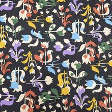 Load image into Gallery viewer, Colorful floral and abstract Liberty of London fabric pattern on a black background. Available at Minerva&#39;s Bower