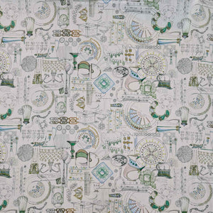 Patterned Liberty fabric with green and brown designs on a white background. Available at Minerva's Bower