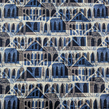 Load image into Gallery viewer, Liberty of London patterned fabric with architectural design in blue, brown, and beige. Available at Minerva&#39;s Bower
