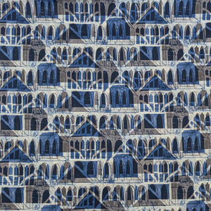 Patterned Liberty of London  fabric with geometric design in blue and brown tones. Available at Minerva's Bower