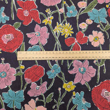 Load image into Gallery viewer, Floral Liberty of London  fabric pattern with a ruler for scale on a dark background. Available at Minerva&#39;s Bower