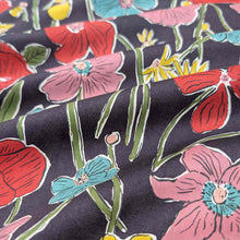 Load image into Gallery viewer, Floral Liberty of London fabric pattern with red, pink, and blue flowers on a black background. Available at Minerva&#39;s Bower