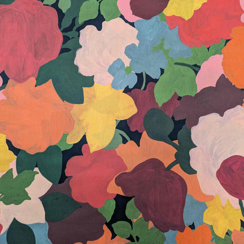 Colorful floral pattern with various flowers and leaves on a dark background. Liberty of London fabric, available at Minerva's Bower