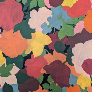 Colorful floral pattern with various flowers and leaves on a dark background. Liberty of London fabric, available at Minerva's Bower