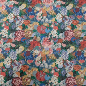 Colorful floral pattern with various flowers on a multicolored background. Liberty of London, available at Minerva's Bower
