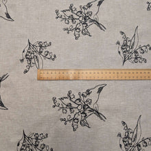 Load image into Gallery viewer, Flat lay of Embroidered 100% Linen, Lily of the Valley, ruler included for scale - for sale at Minerva's Bower