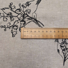 Load image into Gallery viewer, Close up flat lay of Embroidered 100% Linen, Lily of the Valley, ruler included for scale - for sale at Minerva's Bower