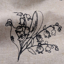 Load image into Gallery viewer, Close up of Embroidered 100% Linen, Lily of the Valley - for sale at Minerva's Bower