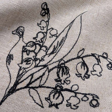 Load image into Gallery viewer, Close up of Embroidered 100% Linen, Lily of the Valley - for sale at Minerva's Bower